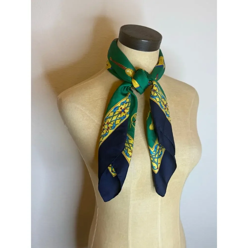 Gil De Losine Paris Navy and Green instrumental silk scarf 29’x31’ Bandana